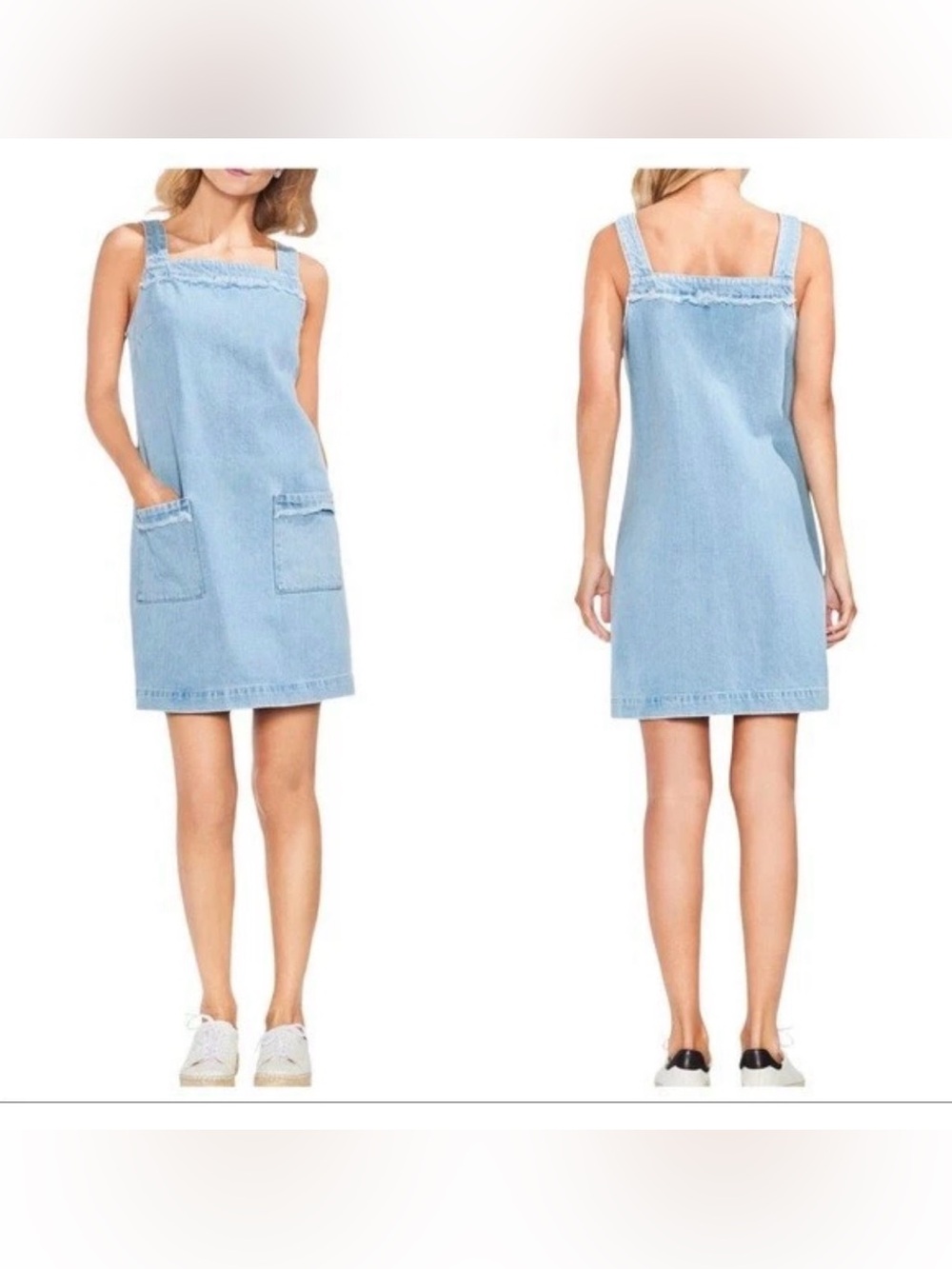 Vince Camuto Denim Fringe Overall Shift Dress Cotton Front Pockets M Jumper